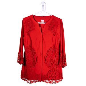 Chico's Women's Shirt Button Up Orange Lace Paisley Overlay Spring Top 0 US S/4